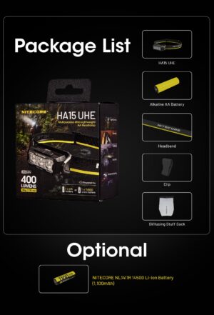 HA15 UHE 400/200 Lumen pila AA ligera linterna frontal Nitecore 13 HA15 UHE 400 Lumen pila AA ligera linterna frontal Nitecore 1